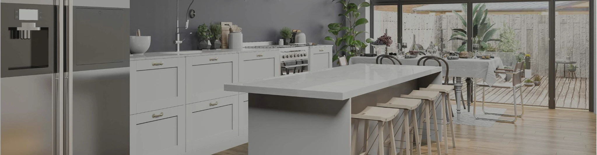 white countertops in a kitchen with 4 barstools and wood-look flooring
